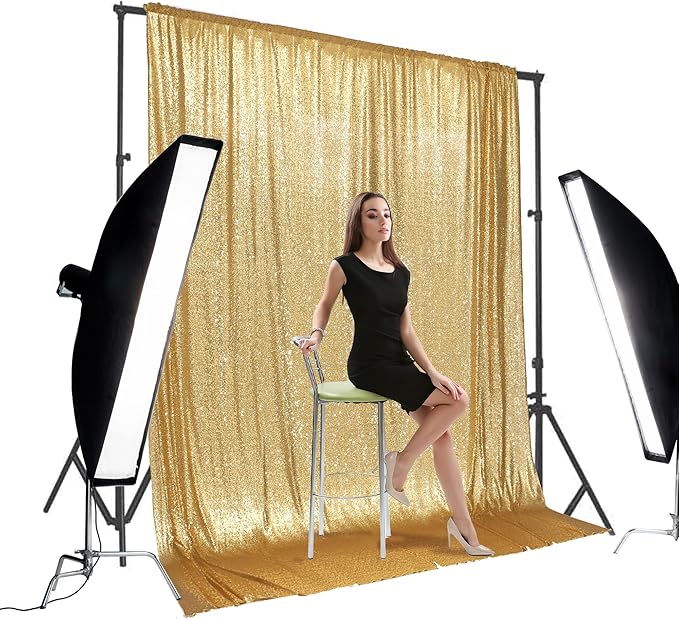 PartyDelight Sequin Backdrop Sparkly Gold 10Ftx10Ft Photograph Back Drop Wedding Curtain Special Events