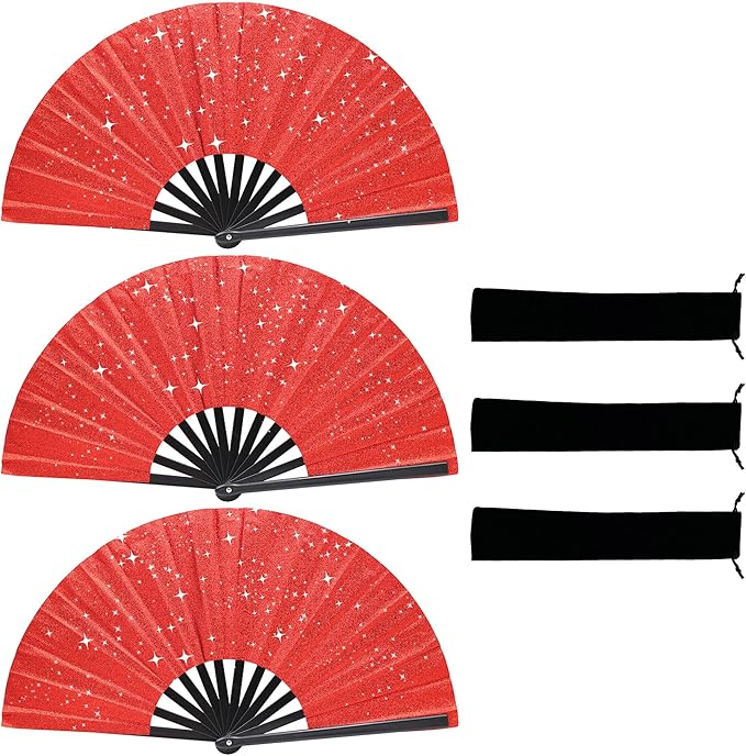 Glitter bling Large Folding Fan-Hand Fan Rave Clack Popping Fan for Line Dancing Clacking Fans for Boots On The Ground Dance, Party for EDM, Music Festival, Hot Flashes, Party, Decoration(3pcs red)