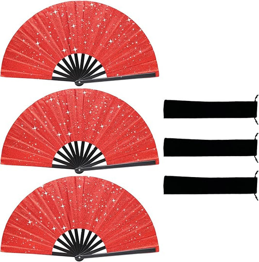 Glitter bling Large Folding Fan-Hand Fan Rave Clack Popping Fan for Line Dancing Clacking Fans for Boots On The Ground Dance, Party for EDM, Music Festival, Hot Flashes, Party, Decoration(3pcs red)