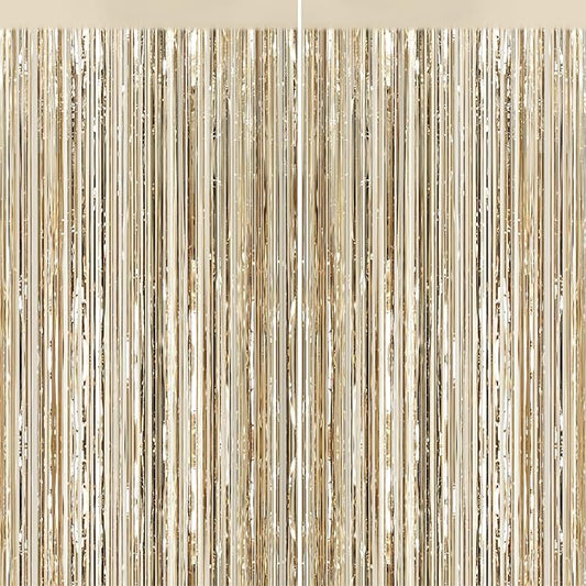 2Pack Champagne Gold Foil Fringe Backdrop Curtains, Tinsel Door Streamers, Fringe Backdrop for Graduation New Years Eve, Graduation, Birthday, Wedding, Baby Shower, Gender Reveal, Disco Party Decors