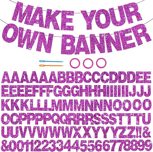 BEISHIDA 116 PCS A-Z Glitter Purple DIY Letter Banner Kit Make Your Own Banner，Including 111 Letters and Numbers 3 Rope and 2 Threading Device,Customized for Birthday Graduation Wedding Party Decor