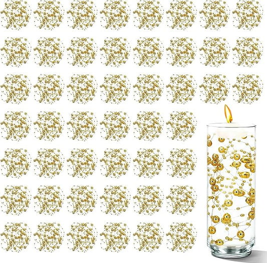 50 PCS Artificial Floating Beads for Centerpieces Vases, Gold 8+3mm String Beads for Wedding Party Faux Pearl String for Decorating, String Pearls for Crafts Vase Filler