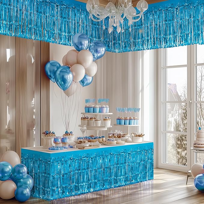 1 Pack Lake Blue Table Skirts, 29x108" Metallic Foil Tinsel Fringe Table Skirts for Rectangle Tables Streamer Curtains Backdrop, Party Decorations for Birthdays Weddings Holidays