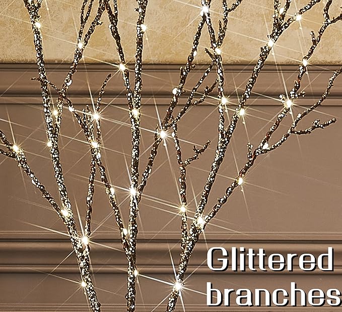 Fudios Lighted Willow Branches Christmas Glitter Battery Operated 32IN 120 LED Fairy Lights, Brown Branch Lights for Home Holiday Decoration Indoor Outdoor