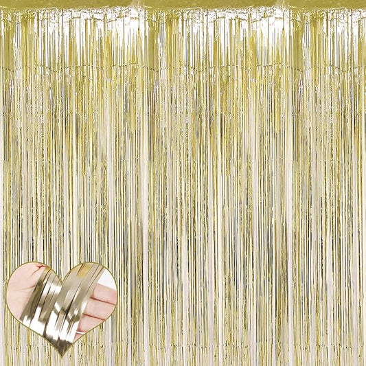 4 Pack Light Gold Fringe Curtain Backdrop, 3.2Ft x 6.6Ft Metallic Tinsel Foil Fringe Streamers Background for Photo Booth Birthday Wedding Baby Shower Carnival Easter Mother’s Day Party Decorations