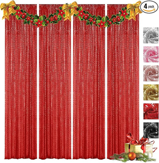 VOK Red Sequin Backdrop Curtains 4 Panels 2FTx8FT Glitter Photography Background for Wedding Birthday Christmas Party Decorations