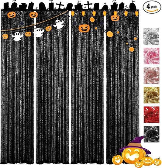 VOK Black Sequin Backdrop Curtains 4 Panels 2FTx8FT Glitter Photography Background for Wedding Birthday Christmas Party Decorations