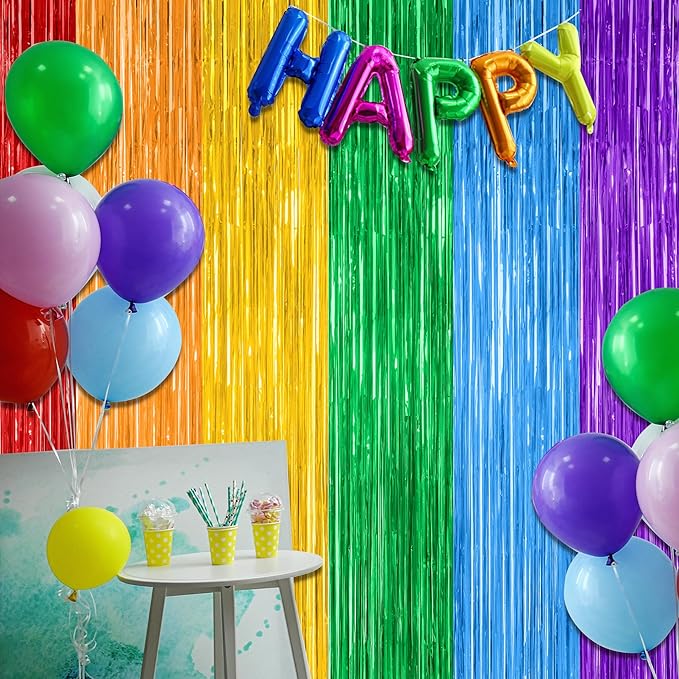 12 Pack Rainbow Backdrop, 3.28 FT x 7.05 FT Pride Decorations, Metallic Fringe Curtains Party Streamer Tinsel Backdrop, Rainbow Foil Curtains Birthday Party Decor Photo Booth Props