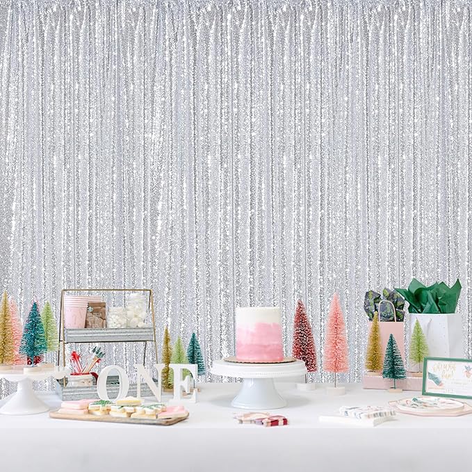 Silver Sequin Backdrop Party Decorations - 3 Packs 2ft x 8ft Silver Photography Background Curtain for Christmas Birthday
