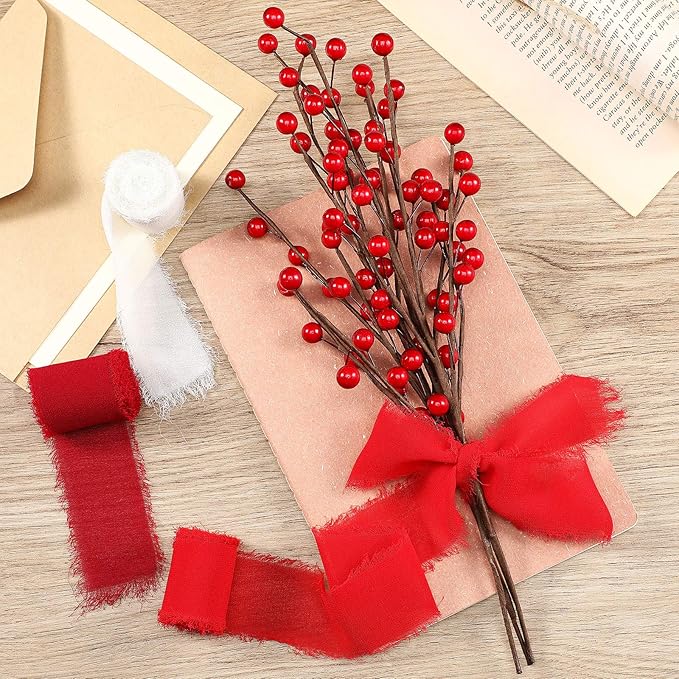 6 Rolls Handmade Fringe Chiffon Silk Ribbon 1.5" x 3 Yd Colorful Ribbon for Wedding Invitations, Bridal Bouquets, Gifts Wrapping, DIY Crafts (Red and Green Set)