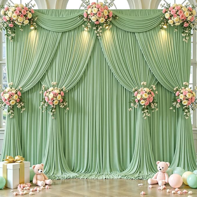 50ft x 12ft Sage Green Backdrop Curtains Wrinkle Free Backdrop Curtain for Wedding Parties Green Fabric Backdrops Drapes Back Drop Cloth Bridal Shower Stage Curtains Wedding Decorations for Reception