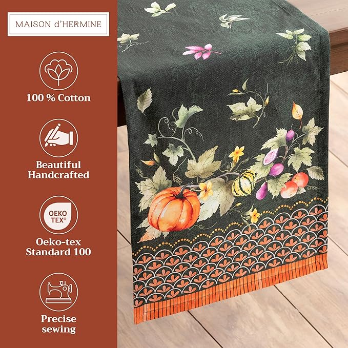 Maison d' Hermine Table runner 100% Cotton Single Layer Table Runners 72 inches long for Thanksgiving Christmas Decorations Home Kitchen Dining Party Wedding (Pumpkin Garden - Dark Green, 14.5" x 72")