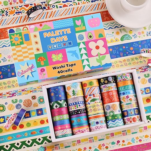 emmoolife 40 Rolls Washi Tape Set, Vibrant Color Palette-Themed Cute Decorative Tapes for Scrapbooking, Bullet Journaling, Junk Journal Supplies, DIY Planner Art, 5-30mm Wide