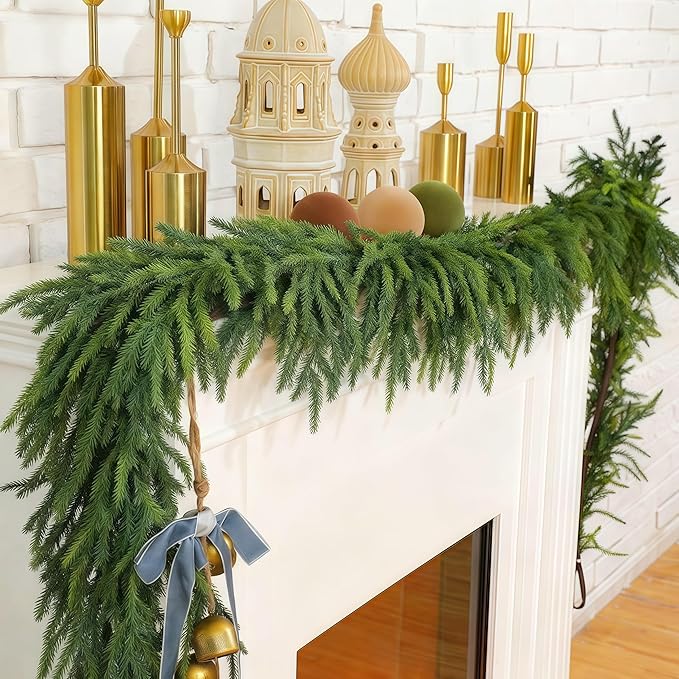 Christmas Decorations Artificial Norfolk Pine Garlands 6FT 2Pcs, Real Touch Winter Pine Garland, Green Artificial Greenery Garland for Table, Mantle, Wall, Indoor, Outdoor Decorations