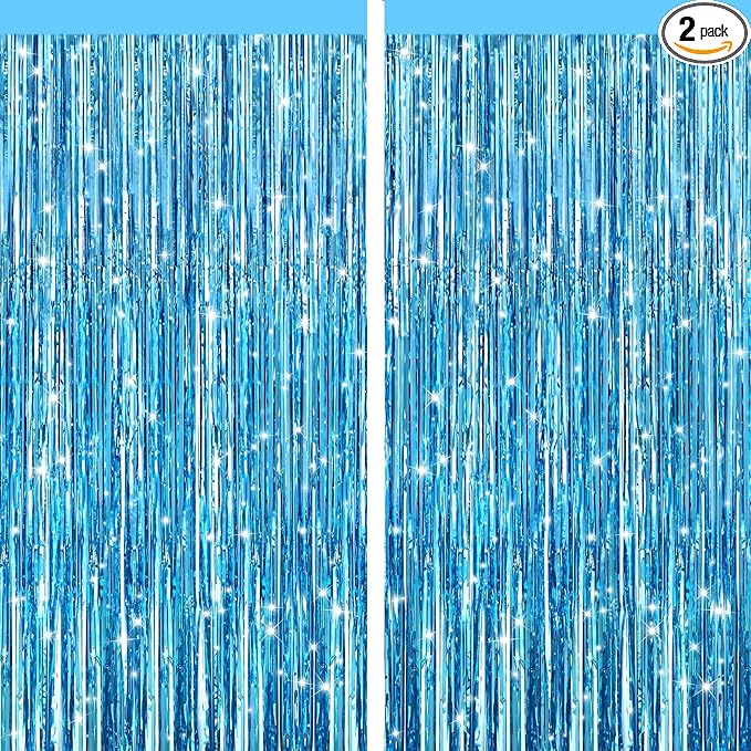 2 Pack Light Blue Metallic Tinsel Foil Fringe Curtains, Door Streamers Photo Booth Backdrop for Birthday Party, Tinsel Curtain Backdrop for Baby Shower Bachelorette Christmas Party Decorations