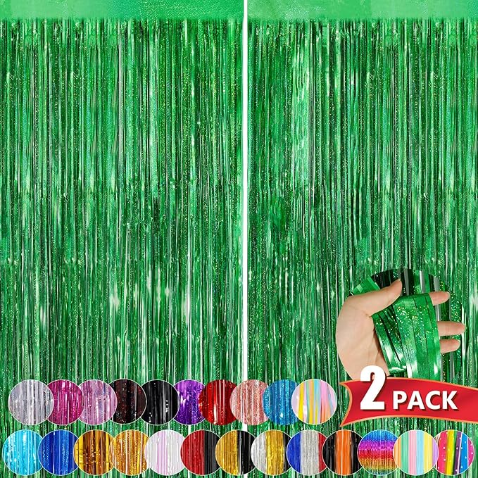Green Metallic Tinsel Foil Fringe Curtains, 2 Pack 3.3x8.3 Feet Party Streamer for Birthday Party Decorations, Halloween Decor, Foil Curtain Backdrop for Bachelorette Party