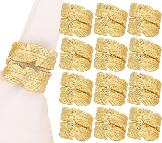 Gold Napkin Rings, Napkin Ring Set of 12, Napkin Holders for Dining Table Settings Thanksgiving Metal Serviette Ring Rustic Table Décor for Weddings, Parties, and Everyday Use 1.5" Ring - CLEENTABLE