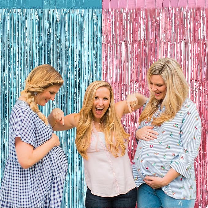 4 Pack 3.2Ft x 6.6Ft Pink Blue Fringe Curtain Backdrop, Metallic Tinsel Foil Fringe Streamers Curtains Background for Photo Booth Wedding Gender Reveal Backdrop Boy or Girl Birthday Party Decoration