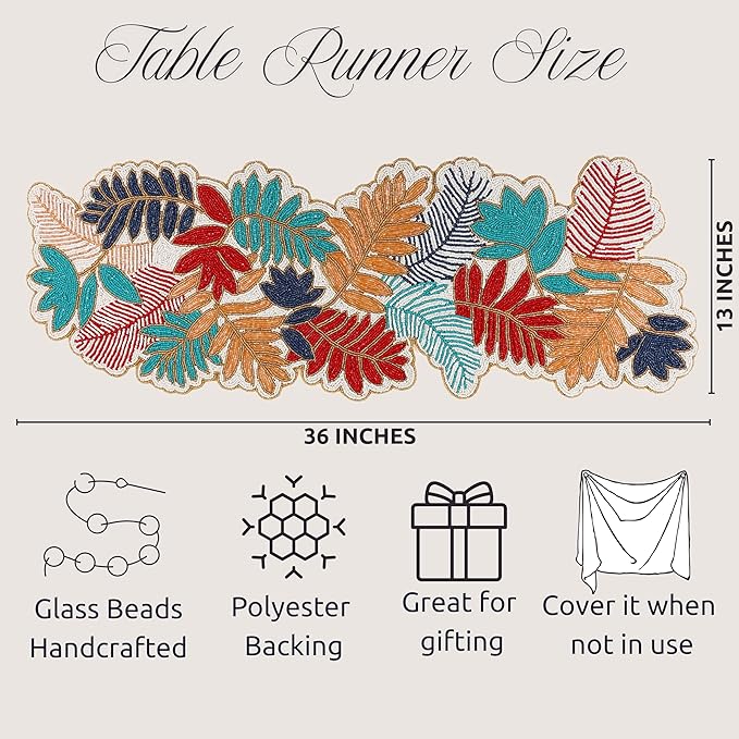 Beaded Table Runner 13x36 - Handmade Leaf Design, Glass Beads & Polyester Backing - Decorative Dining Table Centerpiece for Weddings, Parties, Thanksgiving, Christmas & Everyday Décor - CLEENTABLE