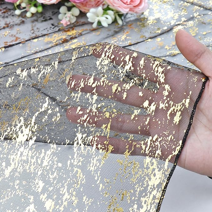 LOMOHOO 10 Ft Black Table Runner, Black Sheer Sequin Table Runners 120 Inches Long Glitter Metallic Foil Lace Fabric Table Decor for Birthday Party Wedding Anniversary Centerpiece (2pcs)