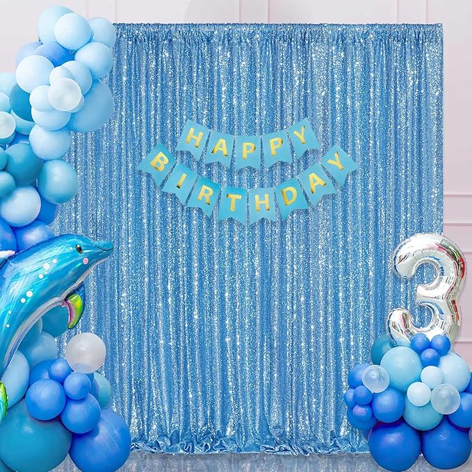 Baby Blue Sequin Backdrop Curtain 8ft x 8ft Sequin Glitter Background for Weddding Party Baby Shower Decorations