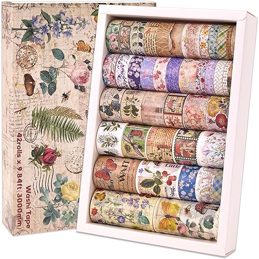 42 Rolls Vintage Washi Tape Set, Floral Letter Butterfly Mushroom Botanical Flower Writable Decorative Tapes for Scrapbooking , Junk Journal Supplies, Bullet Journaling 5-75mm Wide 9.84ft long/Roll