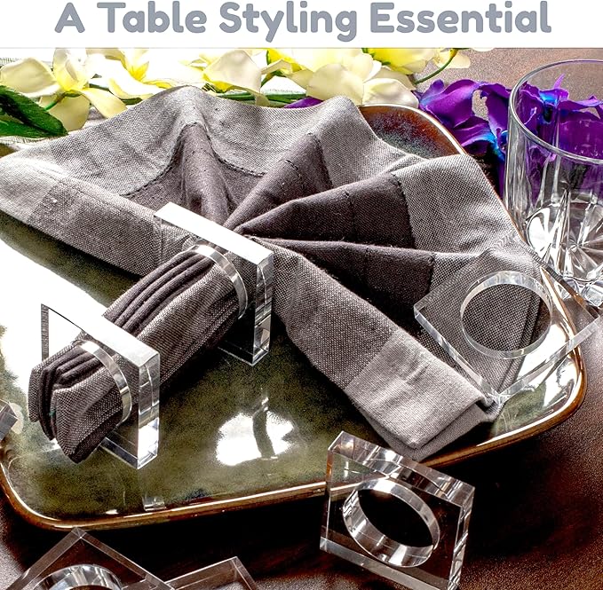 Acrylic Set of 12 Square Beveled Napkin Ring - Cloth Napkin Rings Serviette Buckles for Wedding, Birthday, Banquet, Table Décor, Home Décor, Gifting (Transparent) - CLEENTABLE