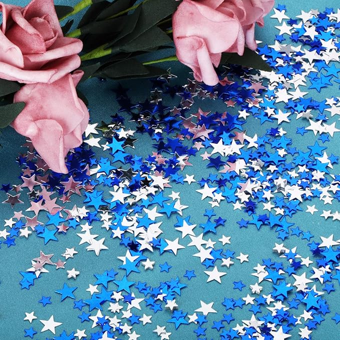 Hestya 60g Star Confetti Glitter Table Confetti Metallic Foil Stars for Party Wedding Festival Decorations(Blue Silver,10mm and 6mm)