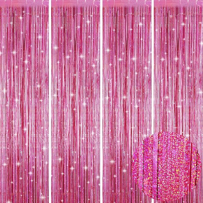 Picoway 4 Pack Pink Foil Fringe Tinsel Backdrop Curtains, Birthday Engagement Bachelorette Party Decorations, Photo Booth Props Door Streamers Curtain