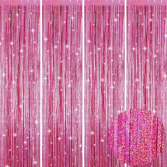 Picoway 4 Pack Pink Foil Fringe Tinsel Backdrop Curtains, Birthday Engagement Bachelorette Party Decorations, Photo Booth Props Door Streamers Curtain