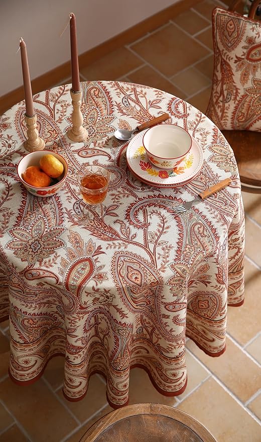 ISAENNE Designer French Red Round Tablecloth,Fall Linen Table Cloth with Cashew Pattern,Stain Proof Decor Tablecloths for Dining Thanksgiving Kitchen Christmas,Diameter 67"-Chauffrey D