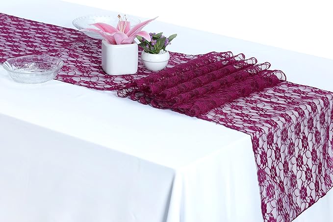 MDS Pack of 20 Wedding 12 x 108 inches Lace Table Runner for Wedding, Decorations for Birthday Parties, Banquets, Graduations, Engagements, and Runners fit Rectangle, Round Table- Eggplant