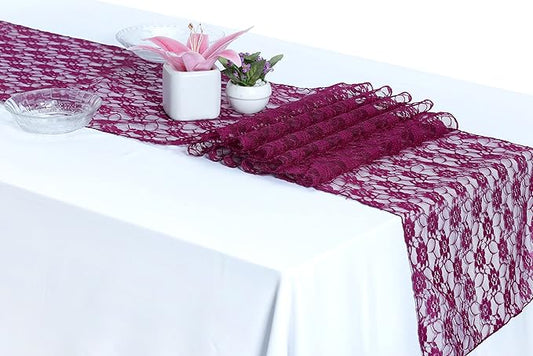 MDS Pack of 20 Wedding 12 x 108 inches Lace Table Runner for Wedding, Decorations for Birthday Parties, Banquets, Graduations, Engagements, and Runners fit Rectangle, Round Table- Eggplant