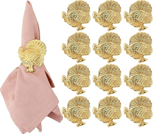 Set of 12 Turkey Napkin Rings for Thanksgiving Table Decor | Premium Metal Dinnerware Holders | Fall Harvest, Christmas & Holiday Banquet Accessories (Gold) - ALPHA Living HOME
