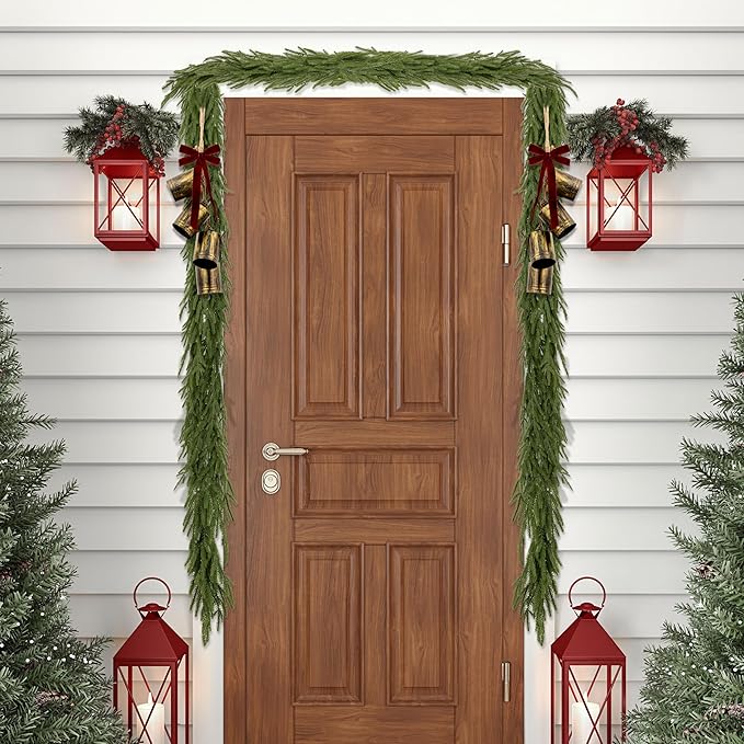 2 Pcs 6FT Christmas Garlands Norfolk Pine Garland - Real Touch Winter Pine Garland, Artificial Norfolk Tree for Indoor Outdoor Holiday Decor, Fireplace Mantel, Door, Porch (Burgundy Bell)