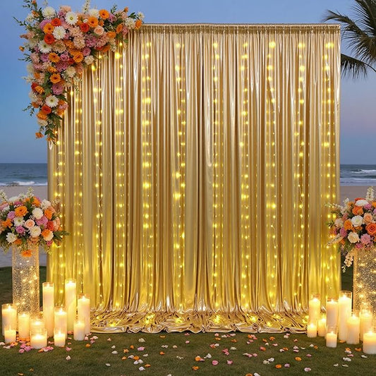 PartyVillage 10x10FT Gold Sequin Backdrop Curtain with String Lights – 2 Panels 5x10FT Sparkly Wrinkle-Free Glitter Backdrop Drapes for Birthday, Wedding, Photography, Graduation Party Décor