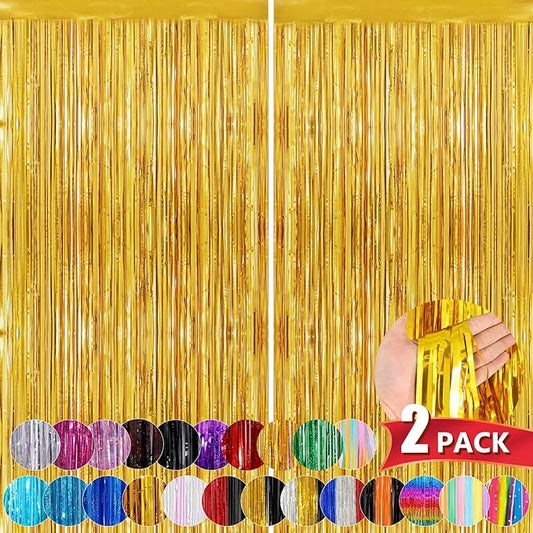 Gold Metallic Tinsel Foil Fringe Curtains, 2 Pack 3.3x8.3 Feet Party Streamer Curtains for Birthday Party Decorations, Halloween Decor, Foil Curtain Backdrop for Bachelorette Party