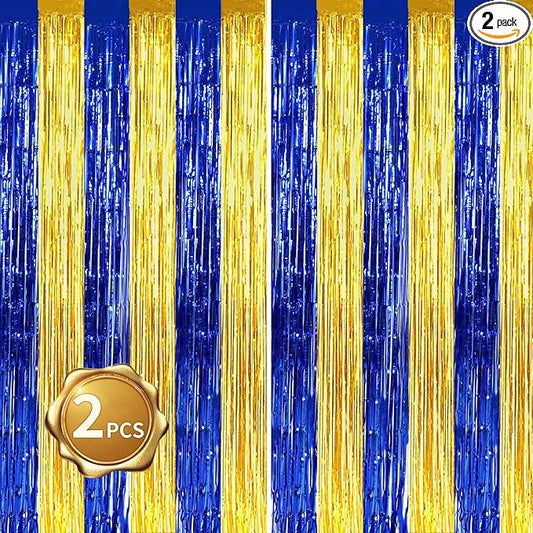 BEISHIDA 2Pcs Blue Gold Door Streamers Congrats Grade 2025 Decoration Backdrop Foil Fringe Tinsel Party Streamers Curtains Backdrops for Birthday 2025 Graduation Baby Shower(3.28 ft x 6.56 ft)