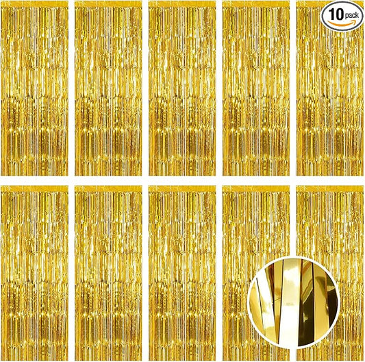 10 Pack Gold Foil Curtain Backdrop 3.2ft x 9.8ft Metallic Tinsel Foil Fringe Curtains Streamer Photo Booth Backdrop for Birthday Party Engagement Bachelorette Party Decorations (Gold)