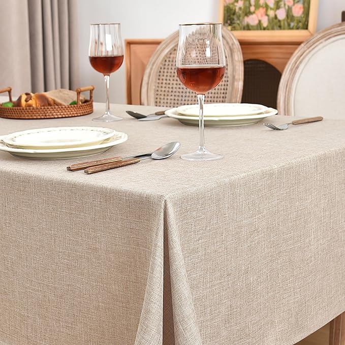 Fitable Linen Textured Beige Tablecloths 2 Pack, Faux Burlap Fabric Rectangle Table Clothes for 8 Foot Tables, Rustic Table Covers for Kitchen Dining, Vendor Events, Party, Farmhouse (54 x 120 Inch)