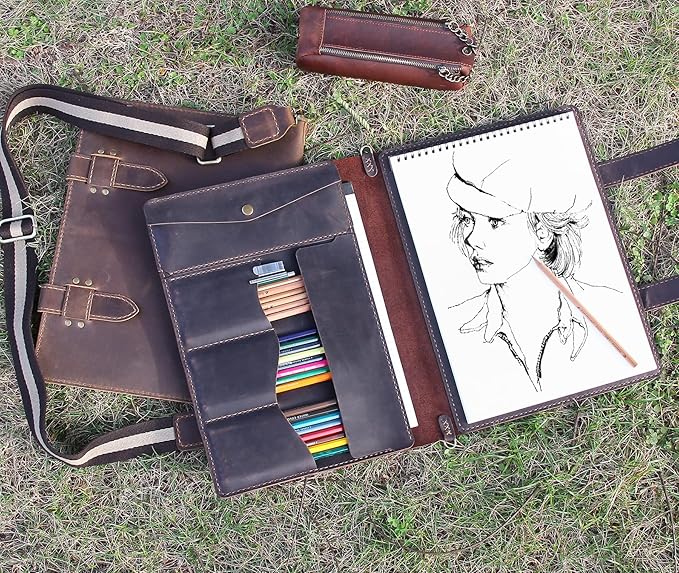 Robrasim Handmade Leather Sketchbook Cover, Artist Sketch Pad Holder for 9"X12" Top Spiral Bound Sketchbook, Drawing Book Pencil Case, Journal Portfolio with Shoulder Strap, Artist Gifts,Coffee