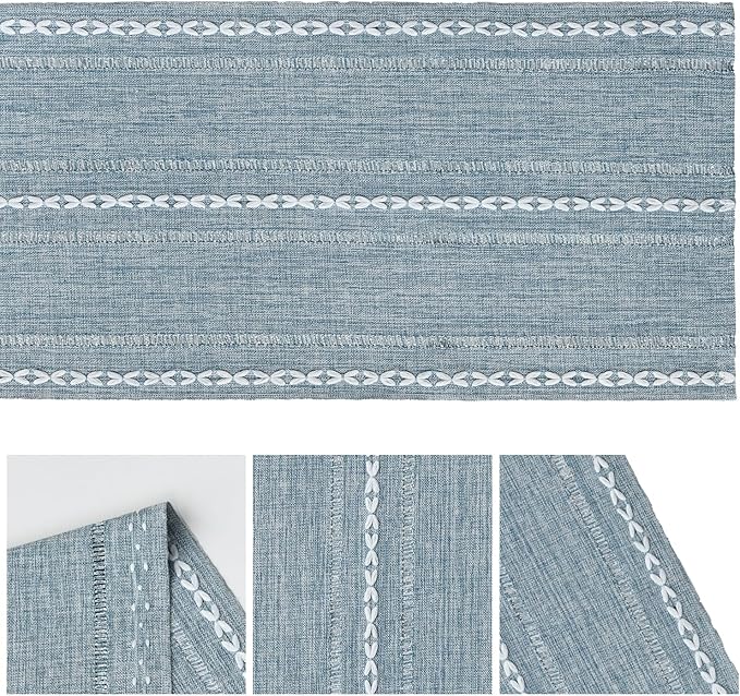 Artoid Mode Dusty Blue Cotton Linen Table Runner, Seasonal Rustic Embroidered Hollow Kitchen Dining Table Decoration for Home Party Decor 13x60 Inch