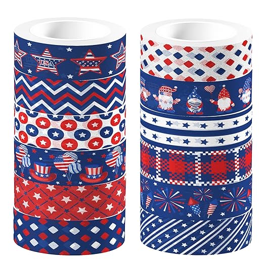 Washi Tape 12 Rolls Washi Tape Set Patriotic Packing Tape American Flag Washi Masking Tape Decorative Paper Stickers Decorative Tape for Gifts Wrapping DIY Art Crafts