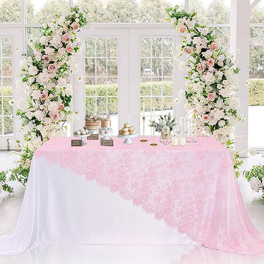 LuoluoHouse Pink Lace Tablecloth Table Fabric 6pcs 60x120 Inch for Vintage Boho Wedding Baby Shower Party Decoration Rectangle Overlay Long Vintage Embroidered Reception Table Cloth Decor