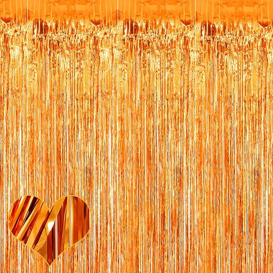 4 Pack Orange Fringe Curtain Backdrop, 3.2Ft x 6.6Ft Metallic Tinsel Foil Fringe Streamers Background for Photo Booth Birthday Wedding Baby Shower Carnival Easter Mother’s Day Party Decorations