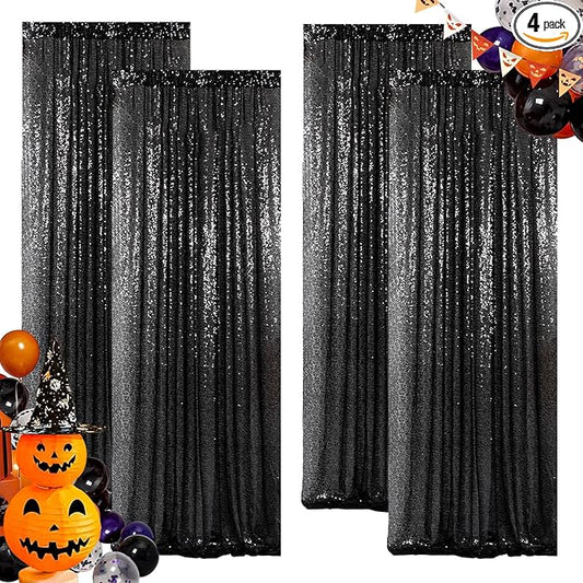 ShinyBeauty Black Sequin Curtains 2FTx8FT 4 Panels | Sparkly Photo Backdrop for Birthday, Halloween, Events | Elegant Glitter Background for Photography