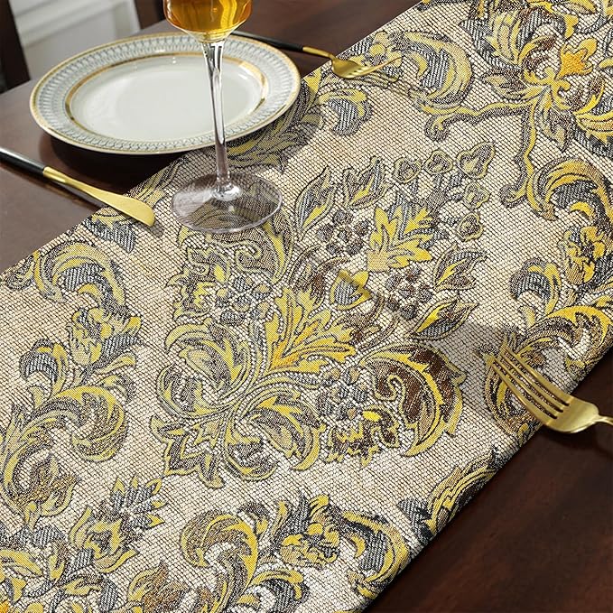 Vintage Table Runner European Royal Precision Embroidered Jacquard Luxury Thick Chenille Beige 13x98