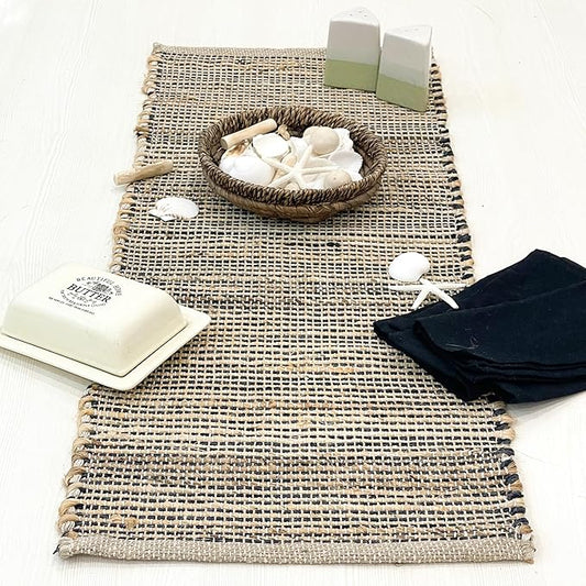 Chardin home Natural Jute Table Runner 13x48 Inch – Vintage Boho Rustic Table Decor – Handwoven Table Runner in Natural Jute and Black – Farmhouse Dining or Console Table Accent