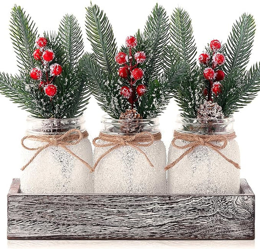 Christmas Centerpieces for Tables, Table Decor with Mason Jar, Flowers Picks, Farmhouse Wood Tray, Christmas Winter Table Decorations Centerpieces, Xmas Holiday, Kitchen, Room, Dining Decor