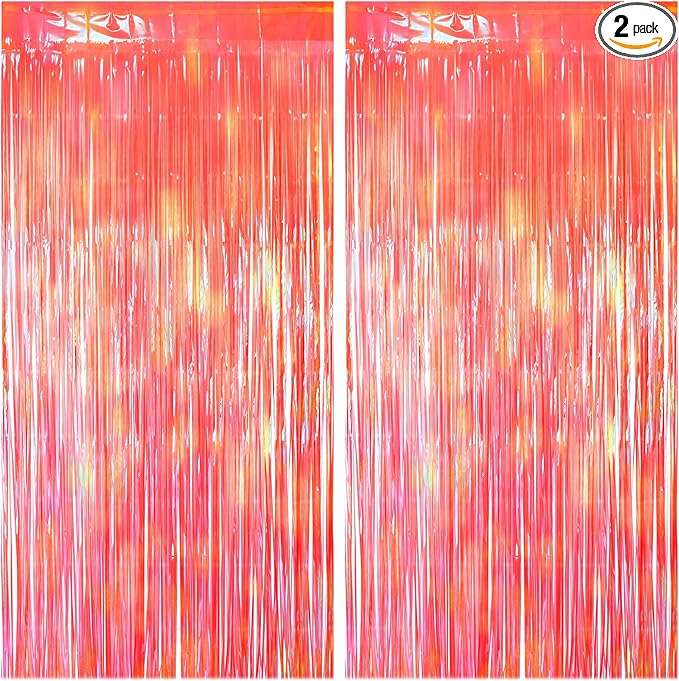 2 Pack Orange Party Streamers Backdrop Curtains, 3.3x8.2ft Holographic Tinsel Foil Curtain Photo Booth Props for Birthday, Wedding, Holiday Celebration, Bachelorette, Theme Decorations